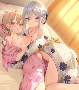 原创,goldowl,金发,碧眼,breasts,灰发,包子頭,和服,长发,视线正对,横臥,nipples,尖耳,缎带,浴衣