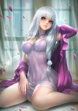 从零开始的异世界生活,Emilia,nudtawut_thongmai,长发,single,長身像,脸红,视线正对,胸部,前发,紫色眼,坐姿,cleavage,银发,尖耳