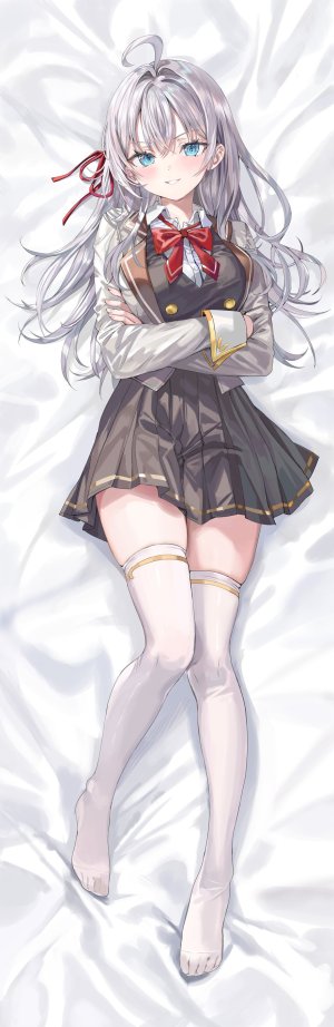 momoko,艾莉莎·米哈伊洛芙娜·九条,不时用俄语小声说真心话的邻桌艾莉同学,呆毛,碧眼,领结,全身,灰发,长发,长袖,视线正对,横臥,缎带,学校制服,衬衫,短裙,笑顔,single,丝袜,白丝,絶対領域