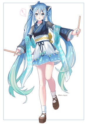 初音ミク,魔法未来演唱会,VOCALOID,月りんご,呆毛,碧眼,青发,连衣裙,全身,发饰,和服,长发,视线正对,オビ,開いた口,single,双马尾,白背景,浴衣