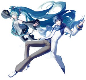 初音ミク,KAITO,VOCALOID,yamiluna39,露肩,黑丝,碧眼,青发,全身,发饰,长发,视线正对,迷你短裙,開いた口,衬衫,短裙,笑顔,tattoo,双马尾,白背景,絶対領域