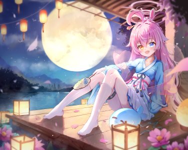 小鸟游星野,蔚蓝档案,ccczr,呆毛,碧眼,脸红,breasts,全身,光晕,异色瞳,和服,kneehighs,灯笼,长发,长袖,開口,粉发,坐姿,短裙,single,黄色眼