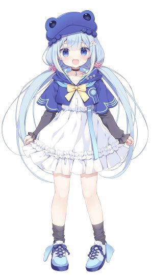 amami_ami,prism_project,宮坂みゆ,金发,碧眼,青发,脸红,项圈,连衣裙,全身,长袖,视线正对,笑顔,single,双马尾,Vtuber,白背景