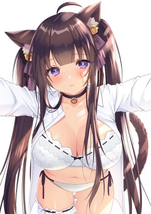 yoruhoshi_owl,原创,呆毛,兽耳,铃,直刘海,脸红,bra,breasts,茶发,猫耳,猫娘,猫尾,项圈,发饰,长发,长袖,视线正对,露脐,胖次,紫色眼,缎带,衬衫,single,tattoo,双马尾