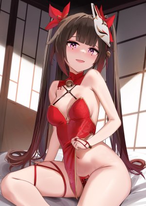 花火,崩坏：星穹铁道,skai_kun,breasts,茶发,cleavage,连衣裙,长发,视线正对,仮面,開口,坐姿,笑顔,single,双马尾