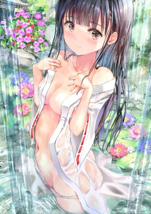 原创,緒方てい,黑发,breasts,茶发,和服,长发,长袖,视线正对,胖次,衬衫,笑顔,single,下着,湿身