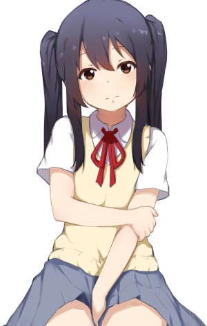 中野梓,K-ON!,pear_sauce,前发,黑发,棕色眼,视线正对,迷你短裙,学校制服,衬衫,坐姿,短裙,双马尾