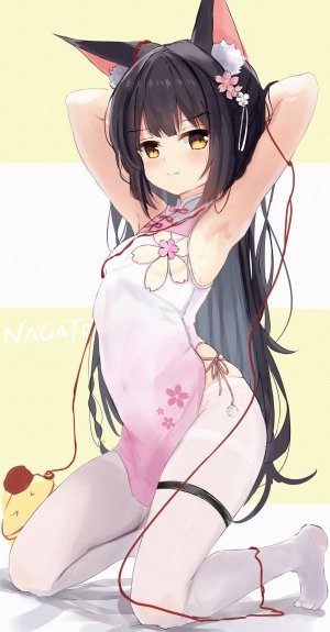 Manjuu,長門,碧蓝航线,hamiro,兽耳,黑发,breasts,汉服,连衣裙,狐娘,发饰,长发,裤袜,single,黄色眼