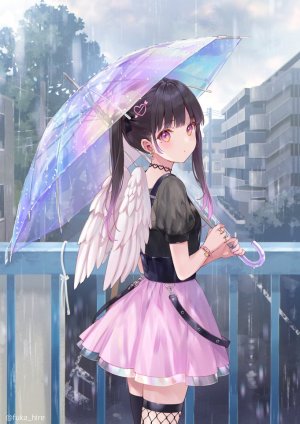 原创,fukahire,前发,黑发,发饰,holding,视线正对,回头看,rain,衬衫,短裙,single,黑丝,双马尾,雨伞,翅膀