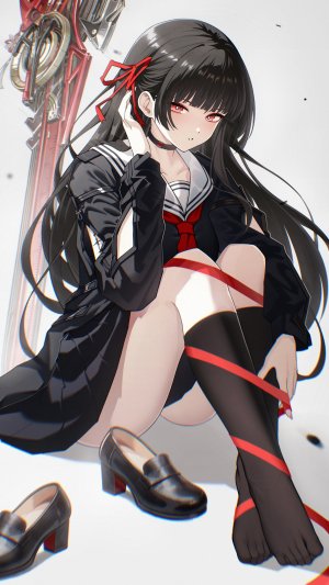 鸣潮,千咲,muzhucunmuzhucun,single,长发,長身像,前发,脸红,黑发,白背景,直刘海,少女,制服,weapon,项圈,水手服