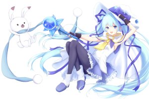 初音ミク,雪ミク,yuki_miku_2014,VOCALOID,ゆずあじ。,前发,黑丝,碧眼,青发,脸红,胸部,兔子,全身,手套,holding,长发,视线正对,開いた口,衬衫,短裙,笑顔,single