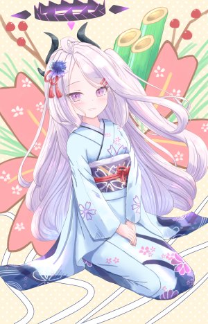 空崎ヒナ,蔚蓝档案,茜詩ちとせ,呆毛,恶魔娘,发饰,光晕,horns,和服,长发,长袖,视线正对,オビ,紫色眼,坐姿,笑顔,single,白发