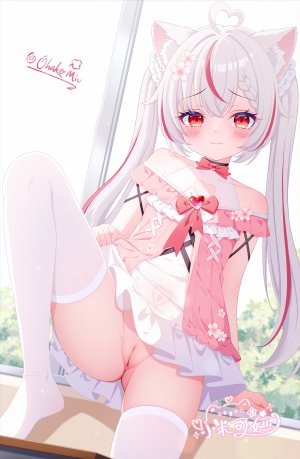 原创,小叶子Miv,呆毛,兽耳,脸红,猫耳,猫娘,连衣裙,发饰,长发,视线正对,nopan,猫咪,红色眼,single,张腿,丝袜,双马尾,uncensored,白发,白丝