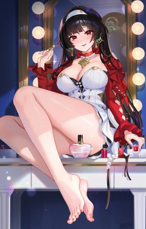 astra_yao,绝区零,lalazyt,黑发,直刘海,脸红,breasts,连衣裙,长发,项链,開口,红色眼,笑顔