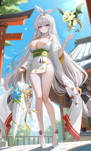 dungeon_and_fighter,原创,iyusei_02,single,長身像,视线正对,前发,脸红,breasts,開口,双马尾,紫色眼,cleavage,天空,全身,白发,超长发,传统服装,和服,nopan,少女,项圈,手镯,雨伞