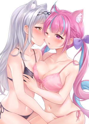 nikoo,湊あくあ,紫咲シオン,Hololive,兽耳,bra,猫耳,胖次,百合