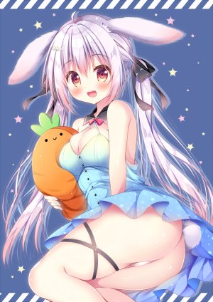 原创,涼川ゆい,呆毛,兽耳,露肩,脸红,胸部,兔耳,兔女郎,cleavage,连衣裙,视线正对,横乳,開いた口,胖次,银发,笑顔,single,双马尾,下着
