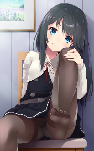 asashio,艦隊これくしょん,もふナマコ,朝潮,前发,黑发,黑丝,碧眼,脸红,连衣裙,长发,长袖,视线正对,胖次,缎带,学校制服,坐姿,笑顔,single,下着