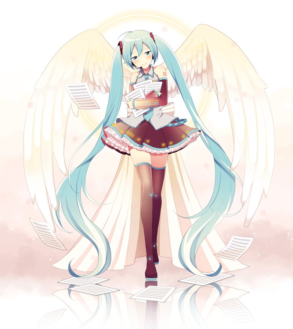 初音ミク VOCALOID Nokuhashi 碧眼 青发 脸红 全身 Holding