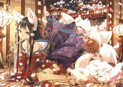 eshi_100_nin_ten,原创,cura,兽耳,露肩,铃,黑发,直刘海,樱花,狐娘,holding,和服,妖狐,灯笼,长发,视线正对,项链,红色眼,缎带,坐姿,笑顔,single