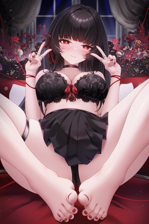 玲殿下,千咲,鸣潮,露肩,黑发,直刘海,脸红,bra,breasts,长发,视线正对,胖次,红色眼,缎带,rose,短裙,笑顔,single,张腿,下着