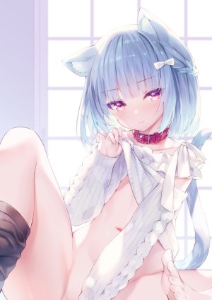 原创,平野克幸,兽耳,青发,bottomless,三股辫,猫耳,猫娘,猫尾,项圈,长袖,视线正对,露脐,短发,张腿