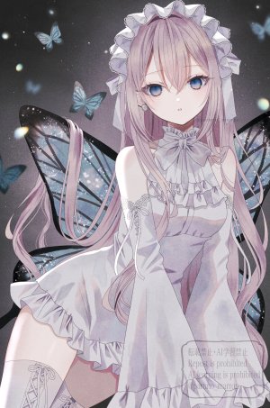 巡音ルカ,VOCALOID,paruno,露肩,蝴蝶,连衣裙,长发,长袖,视线正对,粉发,single,丝袜,超长发,白丝,翅膀