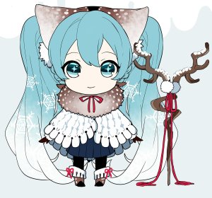 初音ミク,雪ミク,piapro,楚川,黑丝,碧眼,青发,三股辫,チビ,全身,长发,视线正对,缎带,短裙,笑顔,single,双马尾