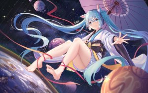 初音ミク,VOCALOID,Mobu,兽耳,裸足,碧眼,青发,全身,和服,长发,视线正对,single,双马尾,雨伞