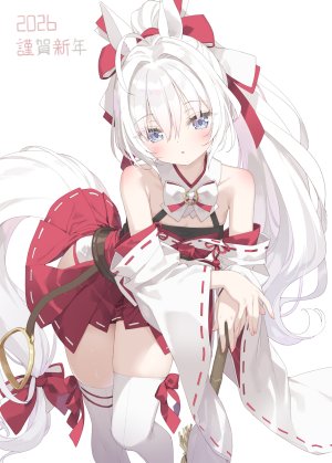 原创,かにビーム,呆毛,兽耳,露肩,碧眼,breasts,cleavage,和服,长发,长袖,视线正对,马尾辫,短裙,single,丝袜,超长发,白背景,白丝