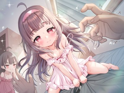 原创,月兎,呆毛,脸红,茶发,连衣裙,上位,发饰,长发,视线正对,雌小鬼,POV,红色眼,短发