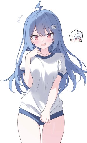 22娘,33娘,bilibili,jyt,呆毛,青发,脸红,breasts,チビ,发饰,长发,视线正对,開口,红色眼,衬衫,笑顔,白背景