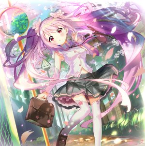 初音ミク,桜ミク,VOCALOID,rassie_s,前发,脸红,樱花,发饰,holding,长发,视线正对,迷你短裙,露脐,花瓣,粉发,红色眼,衬衫,短裙,single,黑丝,双马尾,白背景