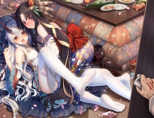 HaneRu,巴御前,Fate系列,fate/grand_order,りんご,碧眼,脸红,和服,长发,胖次,花瓣,红色眼,tattoo,黑丝,下着,白发,signed