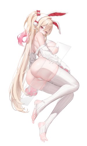 原创,keibeam,兽耳,水着,金发,breasts,手套,长发,长袖,视线正对,マイクロビキニ,粉发,红色眼,坐姿,single,泳装,丝袜,超长发,白背景,白丝