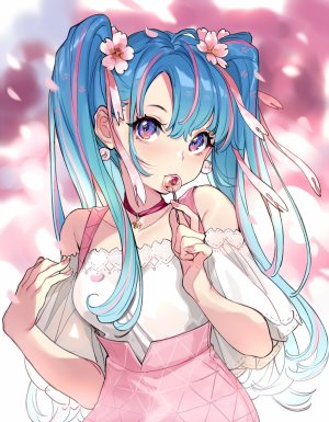 初音ミク,VOCALOID,前发,露肩,青发,脸红,项圈,发饰,holding,长发,视线正对,花瓣,粉发,紫色眼,衬衫,短裙,single,双马尾