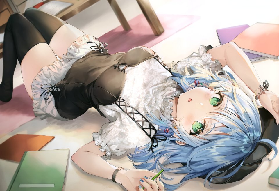 Momoko 原创 青发 绿色眼 长发 黑丝 絶対領域 Photoshop