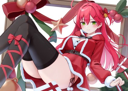 Vtuber,Hololive,さくらみこ,にゃん,single,长发,前发,breasts,笑顔,绿色眼,粉发,呆毛,圣诞节,reclining,少女,丝袜,下着,胖次,黑丝,铃