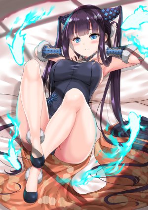 杨贵妃,fate,miyuki_rei,前发,露肩,碧眼,直刘海,脸红,胸部,汉服,连衣裙,Fate/Grand_Order,Fate系列,发饰,巨乳,长发,视线正对,横臥,紫发,笑顔,single,双马尾