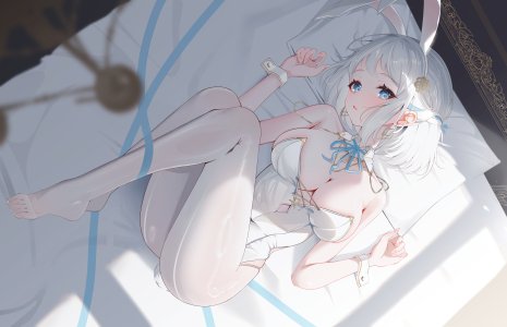 葛城莉莉娅,偶像大师,学园偶像大师,sikimosh,兽耳,碧眼,breasts,cleavage,视线正对,横臥,项链,裤袜,缎带,短发,single,白发