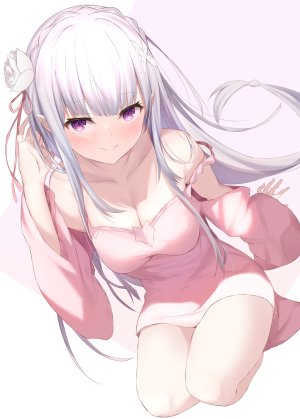 从零开始的异世界生活,Emilia,maosame,长发,single,長身像,脸红,视线正对,前发,胸部,紫色眼,cleavage,银发,直刘海,尖耳