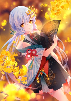 乐正绫,VOCALOID,屿酒,脸红,三股辫,汉服,连衣裙,发饰,长发,视线正对,银发,笑顔,single,结发,双马尾,黄色眼