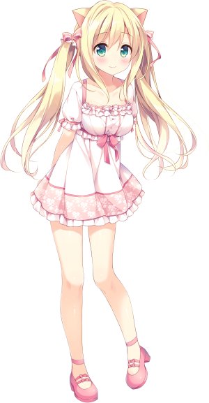 青葉英梨歌,suimya,兽耳,金发,脸红,breasts,猫耳,连衣裙,全身,游戏CG,绿色眼,长发,缎带,笑顔,single,双马尾