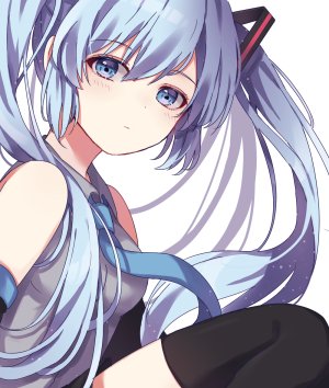 初音ミク,VOCALOID,前发,露肩,黑丝,碧眼,青发,脸红,胸部,发饰,长发,视线正对,衬衫,坐姿,短裙,貧乳,single,双马尾,白背景