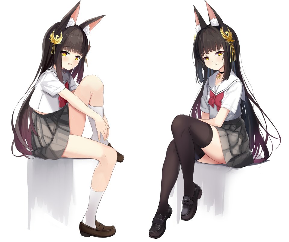 長門 碧蓝航线 Hamiro 兽耳 黑发 黑丝 Breasts 项圈