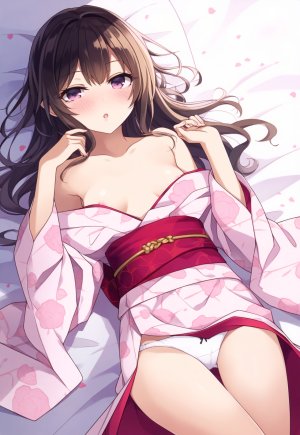 原创,輪チラ,前发,露肩,黑发,脸红,breasts,茶发,cameltoe,和服,长发,长袖,视线正对,横臥,No-Bra,オビ,開口,胖次,花瓣,紫色眼,single,传统服装,下着,露点,AI生成图