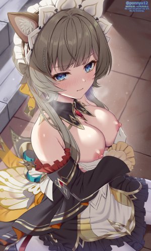 原神,ぽんにゅ,兽耳,露肩,碧眼,三股辫,breasts,茶发,猫耳,cleavage,连衣裙,手套,包子頭,长袖,视线正对,nipples,裤袜,坐姿,single