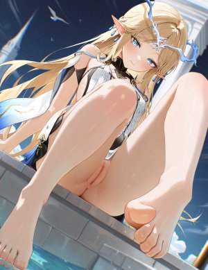 卡提希娅,鸣潮,radoremo,露肩,金发,碧眼,脸红,breasts,censored,全身,视线正对,尖耳,猫咪,single