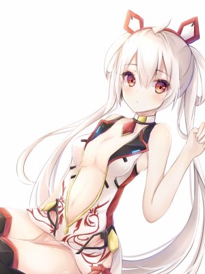 マトイ,梦幻之星,梦幻之星online2,kiri_celea,呆毛,前发,黑丝,胸部,cleavage,发饰,长发,视线正对,横乳,露脐,红色眼,银发,坐姿,single,双马尾,白背景