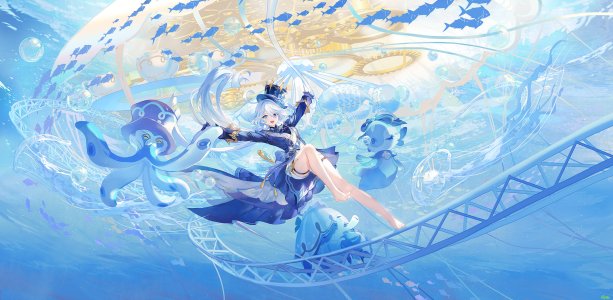 原神,芙宁娜,ATDAN,single,视线正对,前发,highres,開口,碧眼,笑顔,全身,呆毛,白发,长袖,超长发,异色瞳,少女,手套,动物